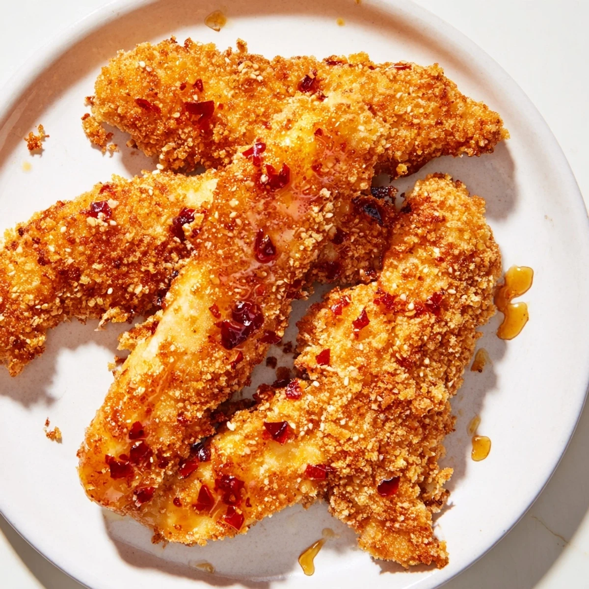 Air-fried crispy panko chicken tenders, offering a tender bite with a flavorful honey drizzle.