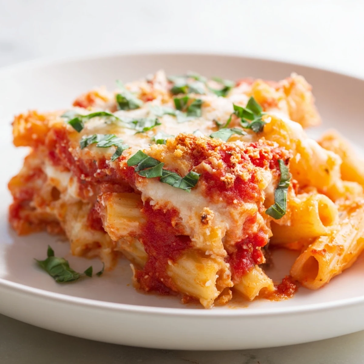 Golden, bubbly cheesy baked ziti fresh from the oven, ready to serve with a sprinkle of basil.