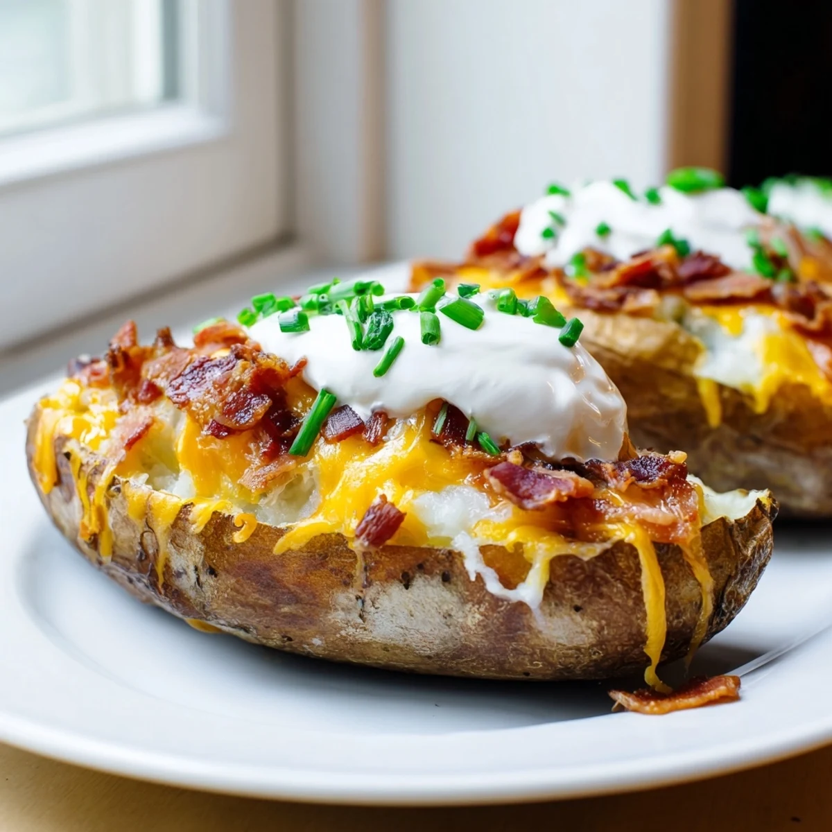Smoky bacon bits and melted cheddar top perfectly crisp Loaded Baked Potato Skins, a delicious appetizer.