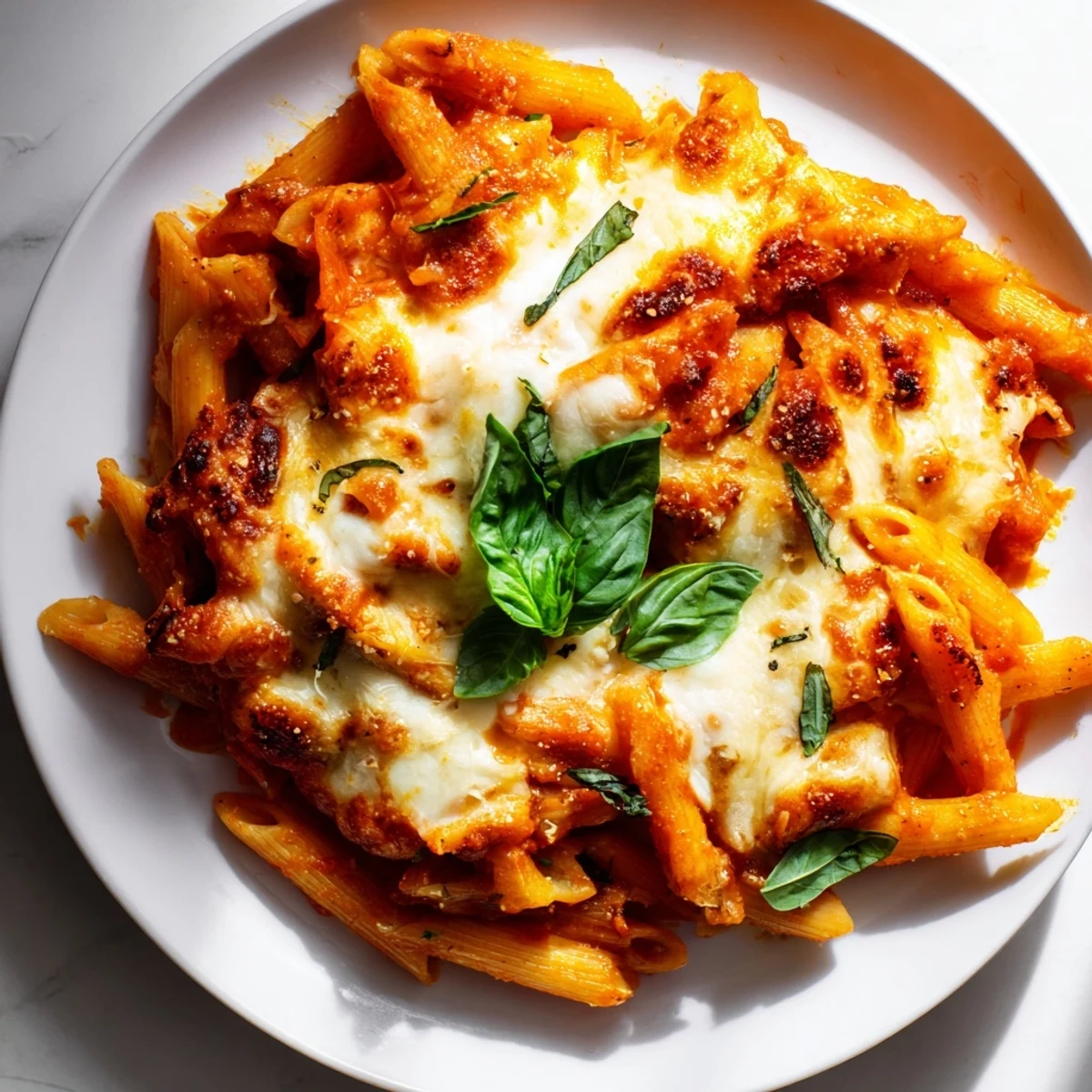 Fragrant and cheesy: a close-up photo of baked penne arrabbiata just after baking.