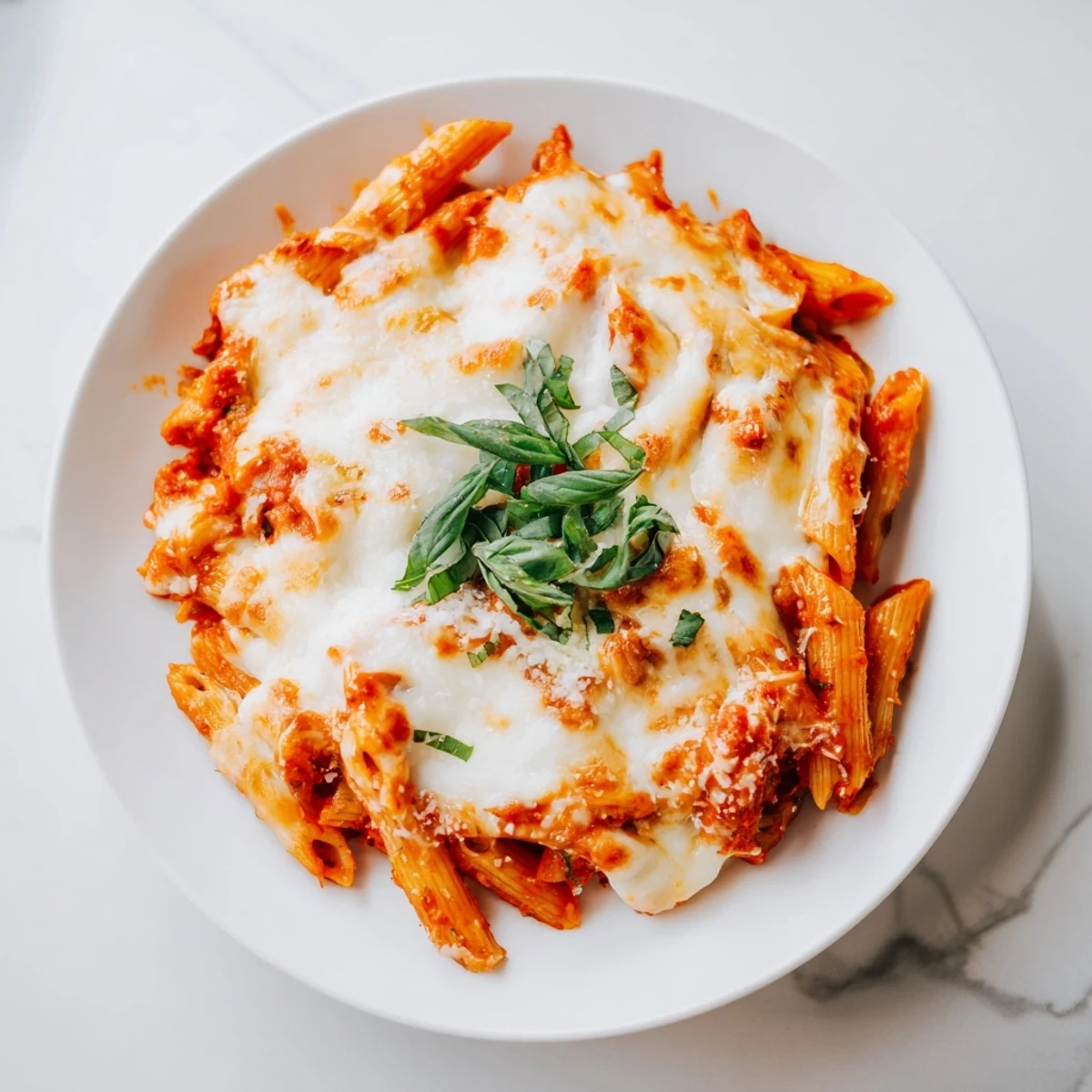 Golden, bubbling baked penne arrabbiata, a spicy vegetarian pasta dish ready to be served.