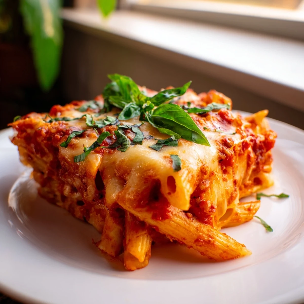 Enjoy the comforting sight of baked penne arrabbiata: a delicious, flavorful Italian meal.