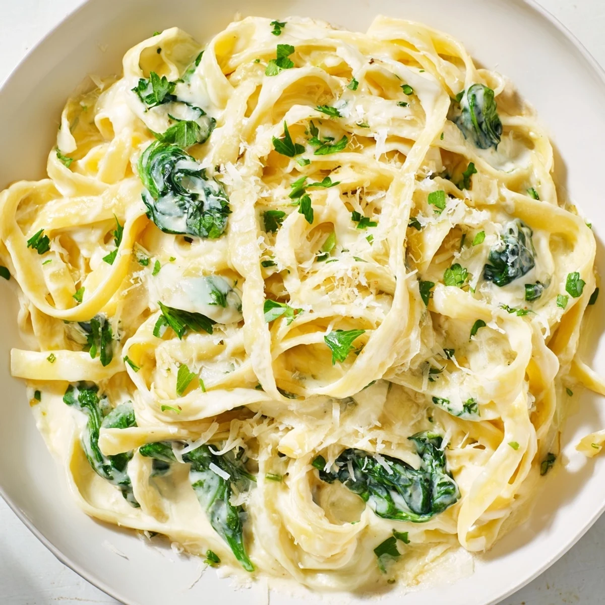 Vibrant plate of creamy spinach fettuccine Alfredo, ready for serving with fresh Parmesan cheese.