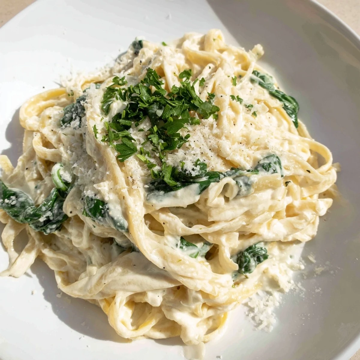 This savory creamy spinach fettuccine Alfredo, with bright green spinach, is a comforting vegetarian dinner.