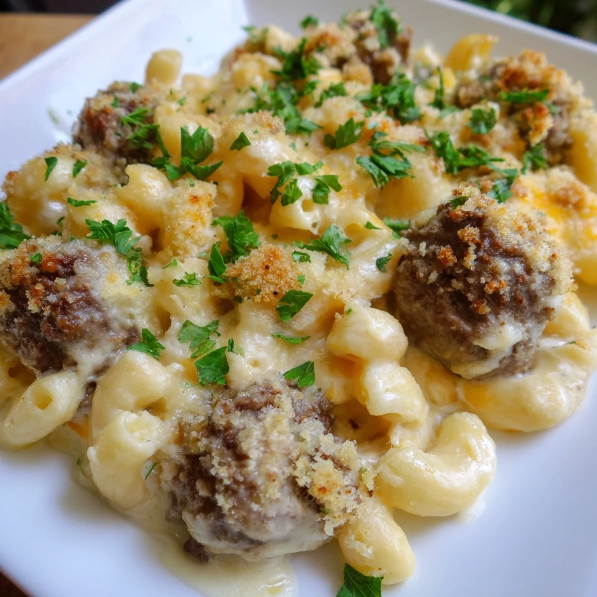 Warm, creamy Mac & Cheese Meatball Bake, topped with crispy breadcrumbs, perfect comfort food for dinner.