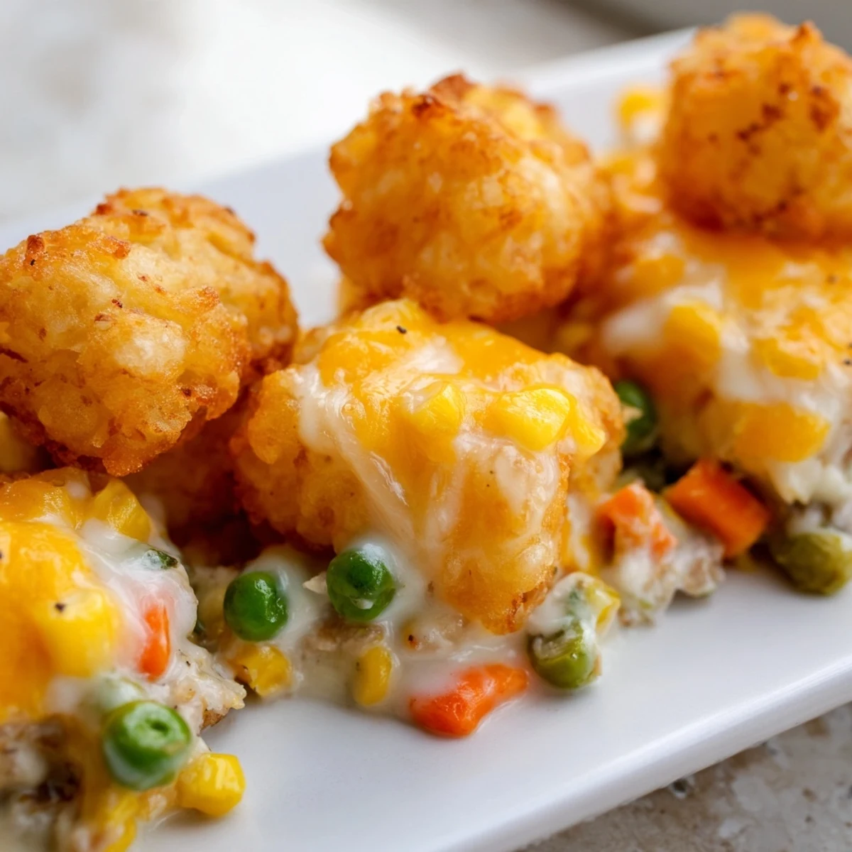 Golden crispy tater tots crown the savory layers of this creamy Chicken Tater Tot Casserole.