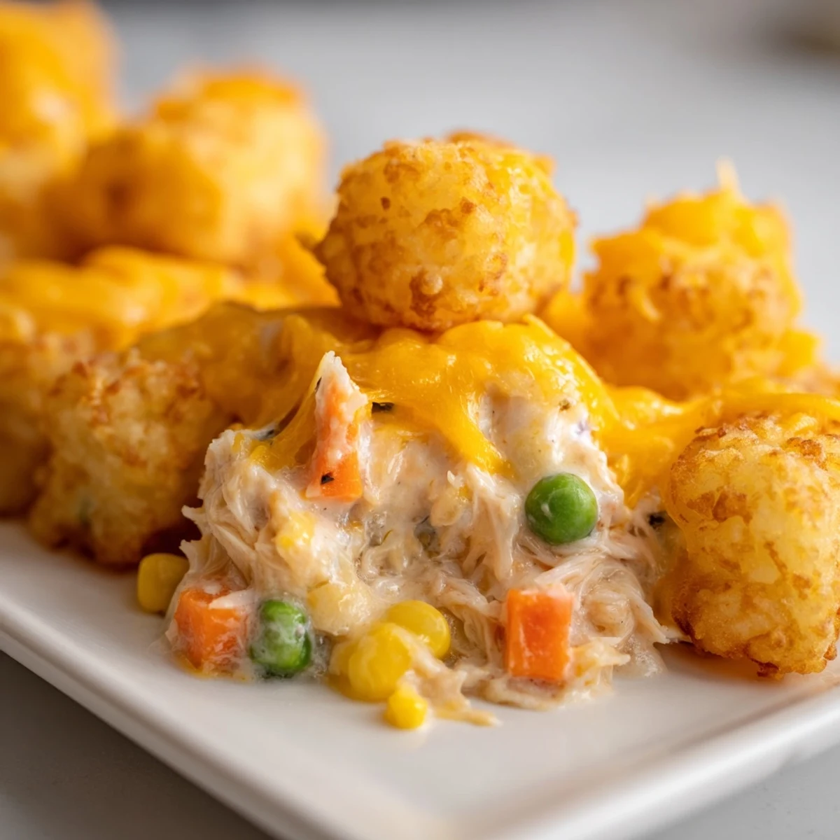 A close-up view of a baked Chicken Tater Tot Casserole, bubbly cheese and crispy tots invitingly visible.
