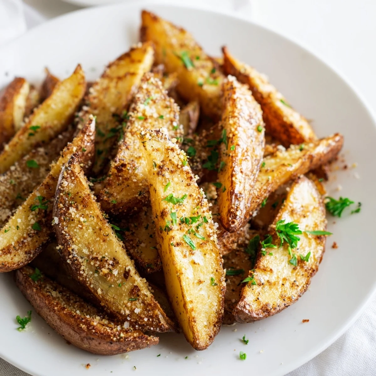 Golden-brown Rosemary Parmesan Potato Wedges, ready to serve and smelling of fresh herbs and cheese.