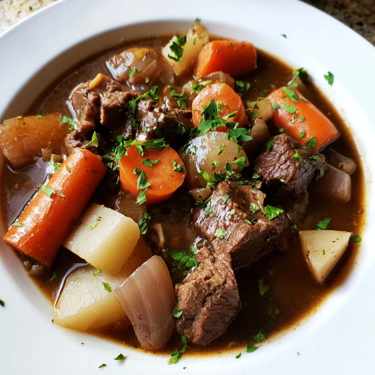 A steaming bowl of Irish beef stew, featuring tender beef and hearty vegetables with parsley garnish.