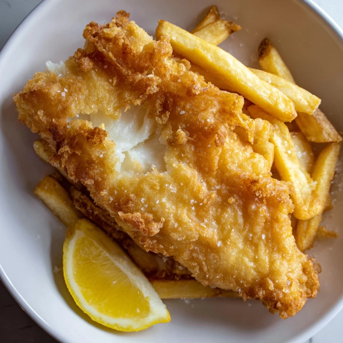Golden, crispy British fish and chips, a classic meal with thick-cut fries and flaky fish.