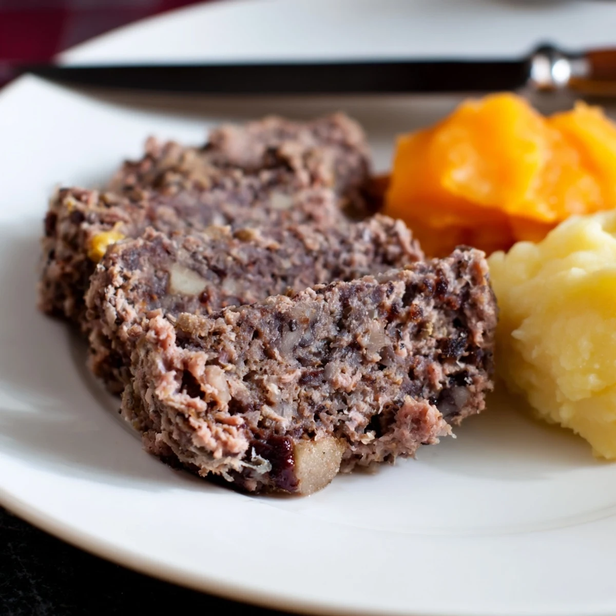 Steaming Scottish haggis, savory and spiced, served alongside mashed neeps and tatties on a plate.