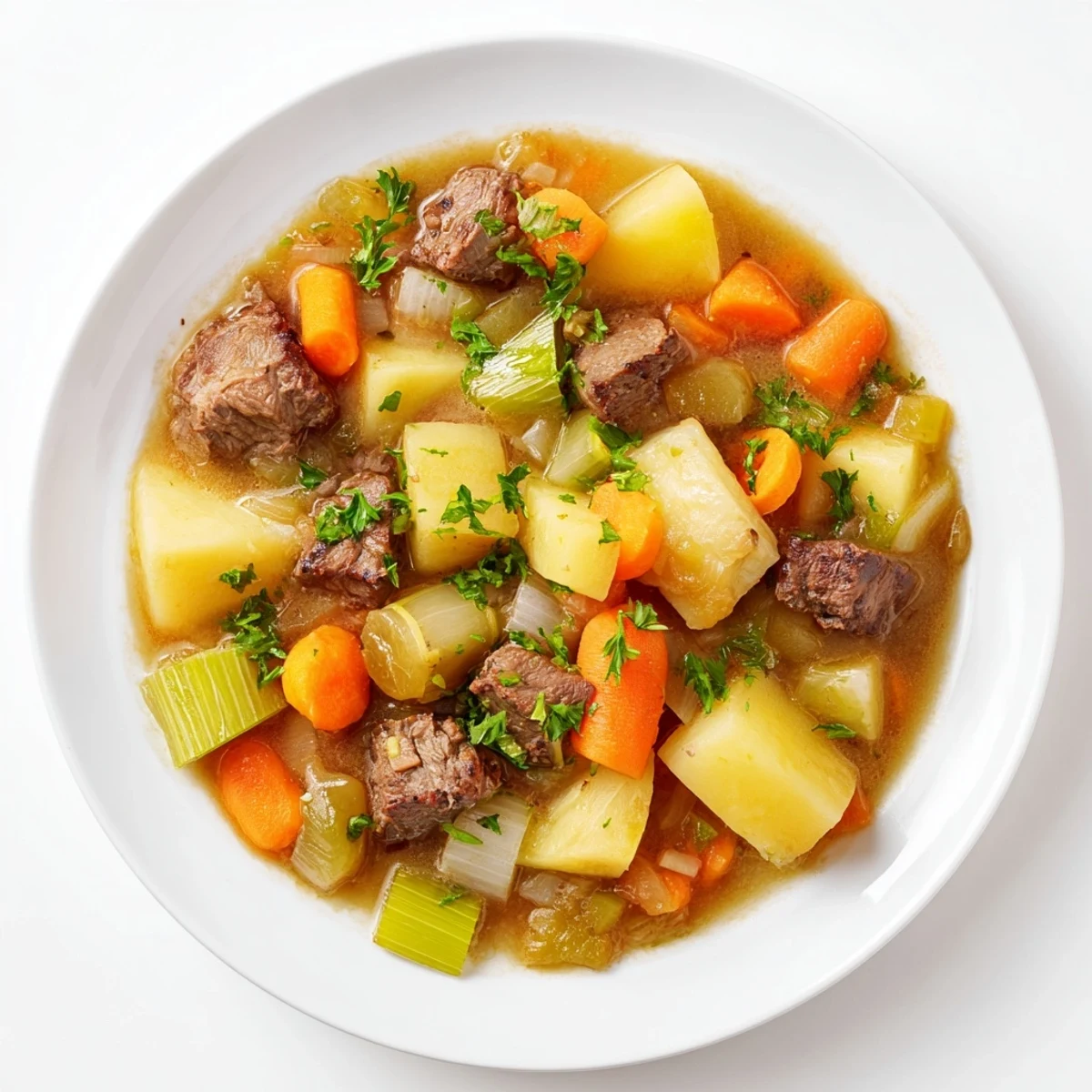 Hearty Welsh Cawl stew, brimming with tender lamb and root vegetables, ready to be served.