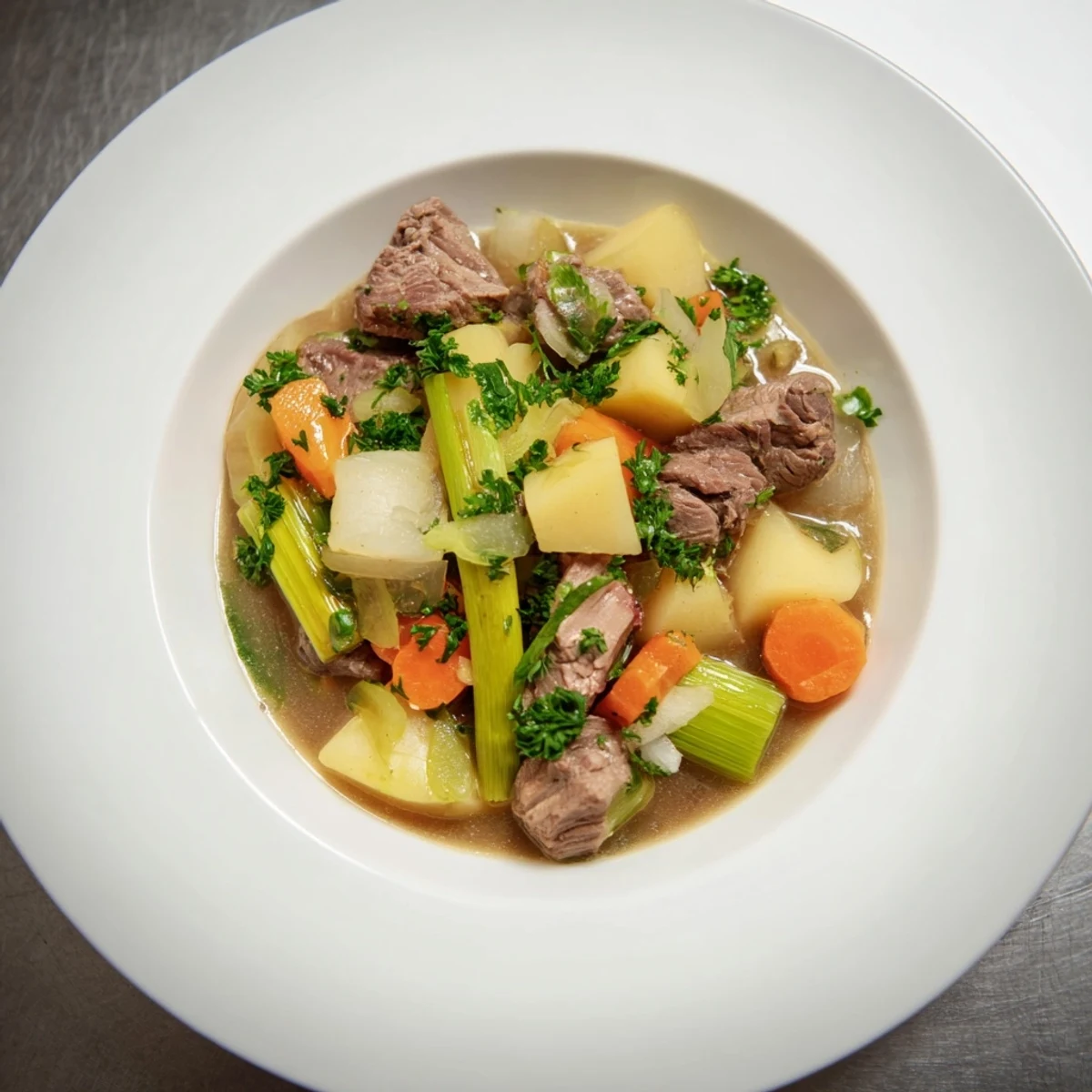 Close-up of a steaming bowl of Welsh Cawl, showcasing juicy lamb chunks and vibrant carrots.