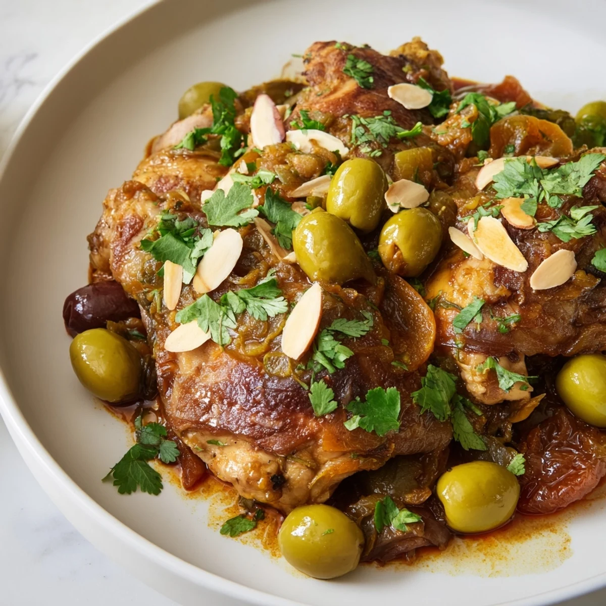 Close-up of golden-brown Moroccan Tagine Chicken, revealing tender meat and flavorful vegetables.