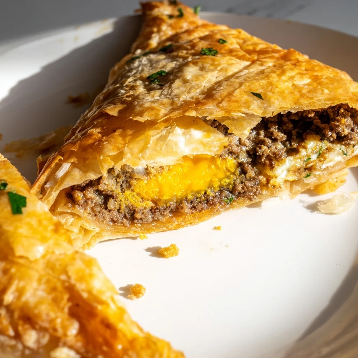 Golden-fried Tunisian Brik pastry, with a crispy shell and a runny egg center, ready to eat.