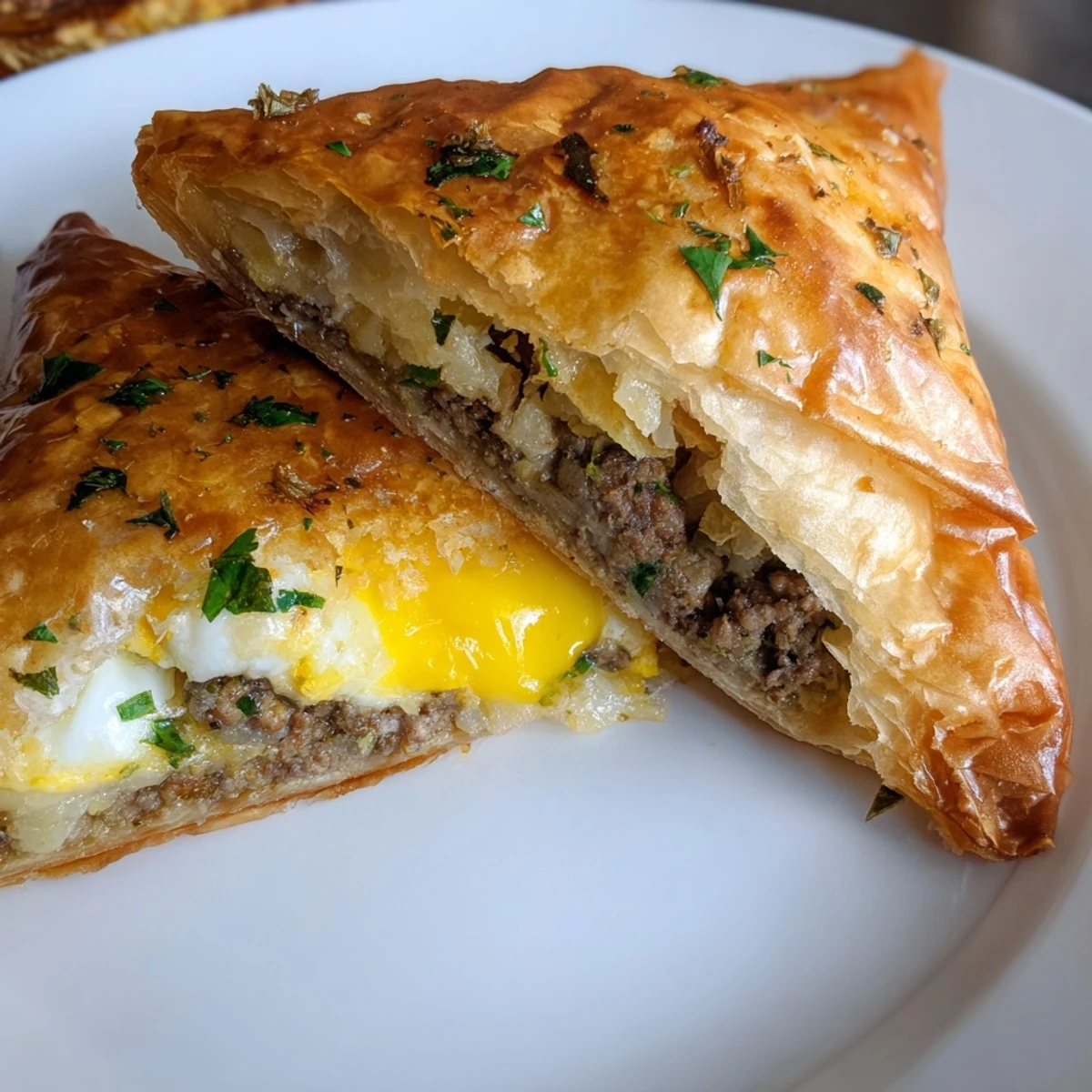 Close-up of a perfectly cooked Tunisian Brik, showcasing the savory meat filling and flaky phyllo.