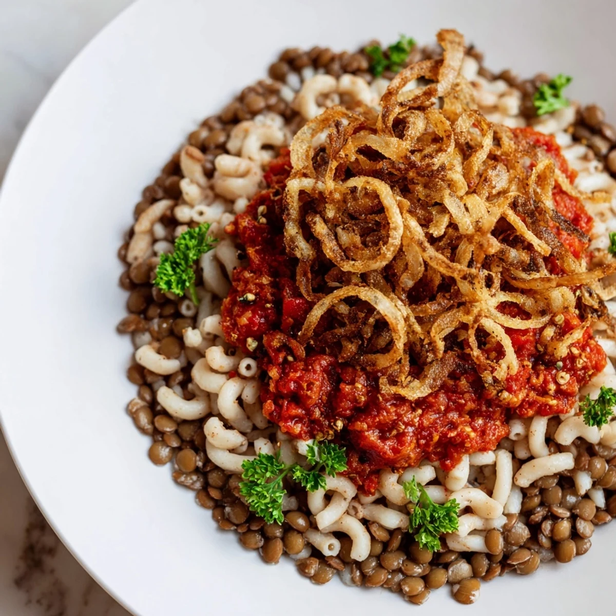 A steaming bowl of Egyptian Koshari, colorful with spiced tomato sauce and crispy onions.