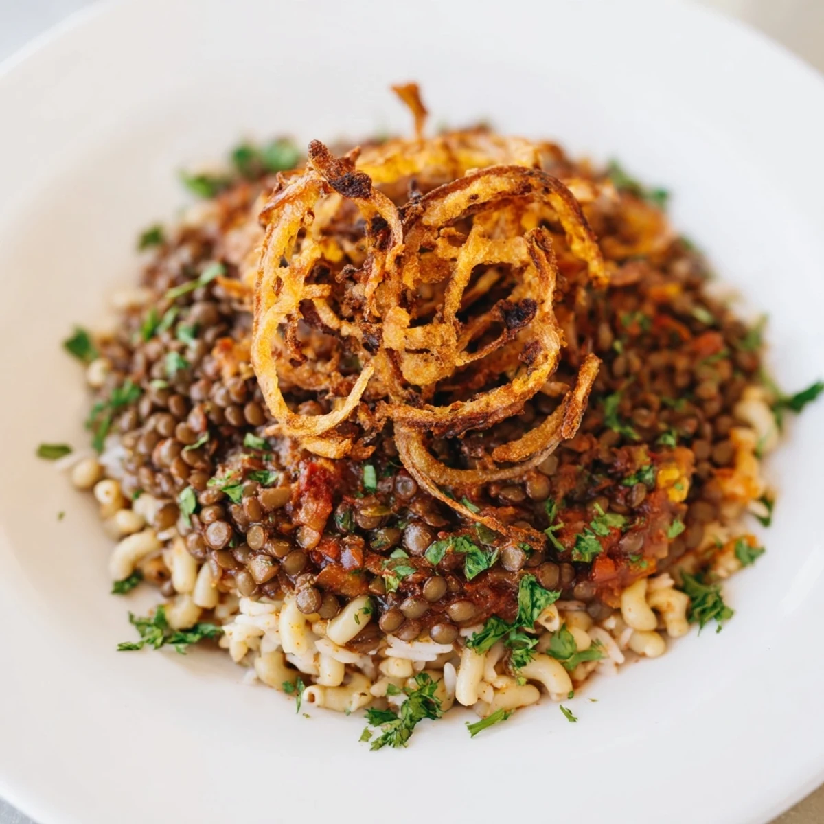Hearty vegan Koshari, a flavorful Egyptian dish with layered lentils, rice, and pasta, ready to eat.