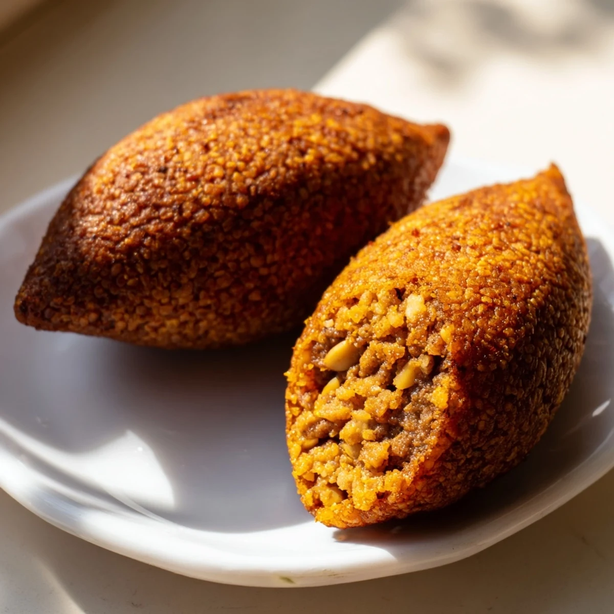 Golden, crispy Lebanese Kibbeh, ready to be enjoyed with a creamy yogurt sauce—a delicious meal.