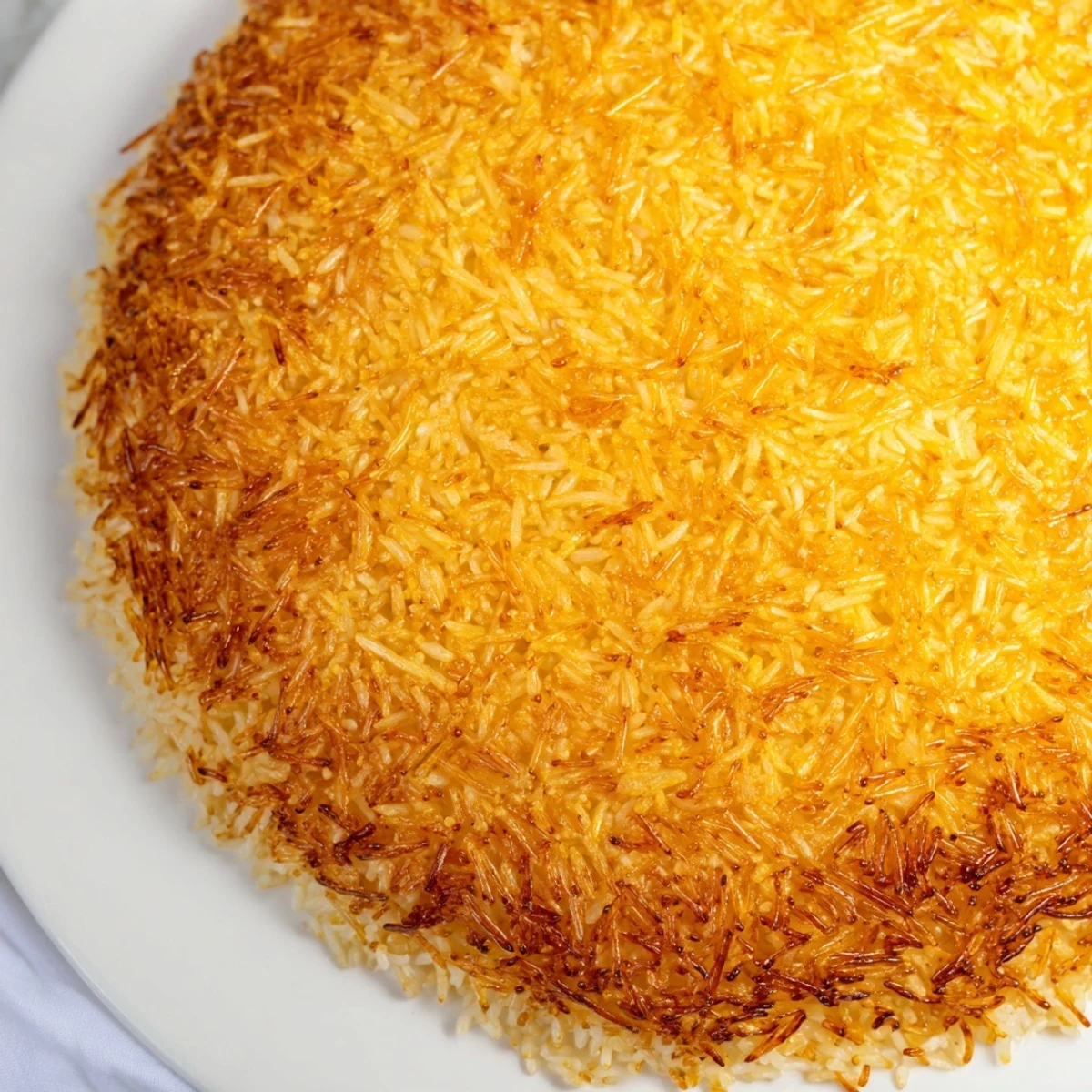 Golden and crispy Persian Tahdig rice with steam rising, a beautiful and vibrant side dish.