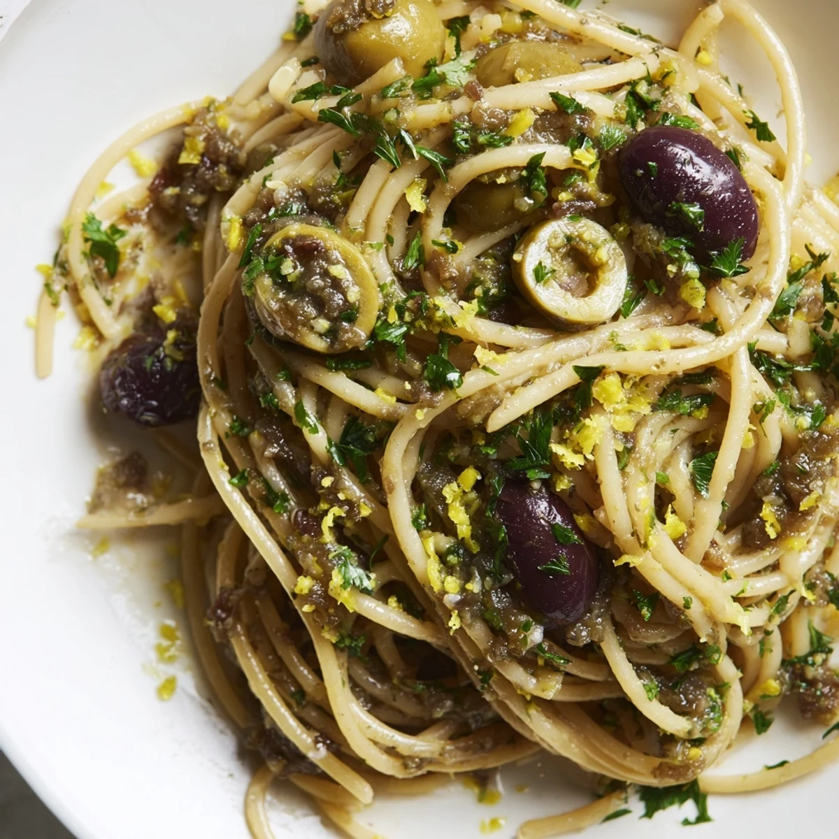 A close-up of Olive Tapenade Pasta twirled on a fork, showcasing a glossy sauce of chopped olives and capers over al dente spaghetti.  