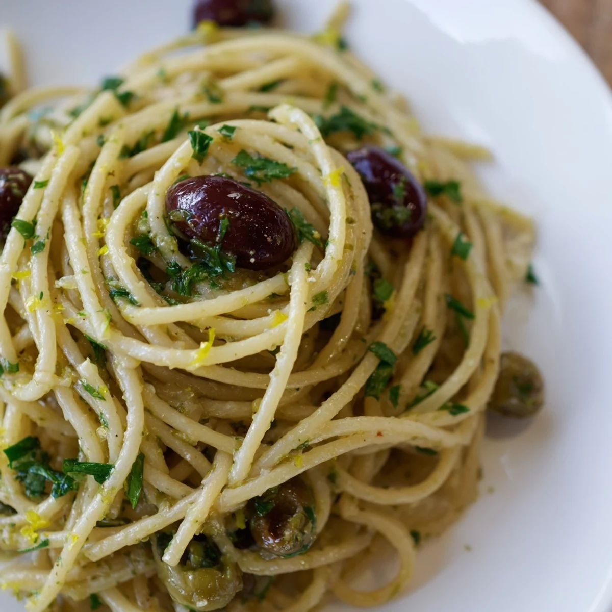 An overhead shot of freshly tossed Olive Tapenade Pasta, with vibrant green parsley and black olive chunks glistening in olive oil.
