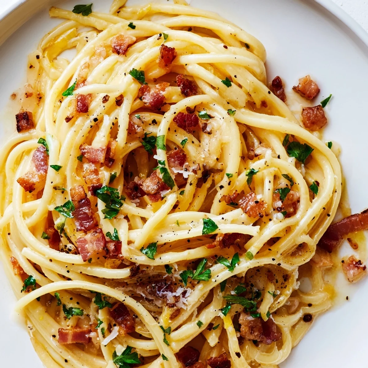 A close-up of crispy bacon linguine, with golden-brown bacon bits and glistening strands of pasta coated in a light, glossy sauce.  