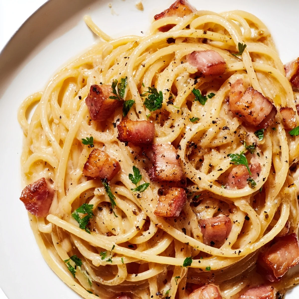 A skillet of sizzling bacon and garlic linguine, tossed with reserved pasta water for a creamy, luxurious sauce.