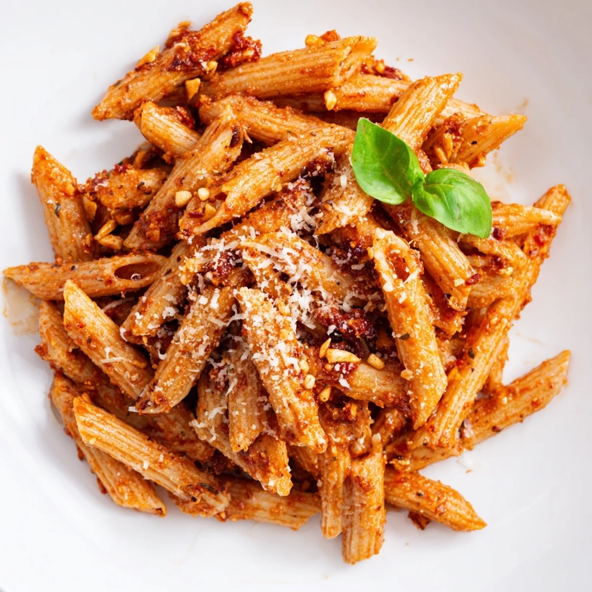Creamy sun-dried tomato pesto pasta twirled on a fork, garnished with fresh basil and Parmesan for an Italian-inspired dinner.