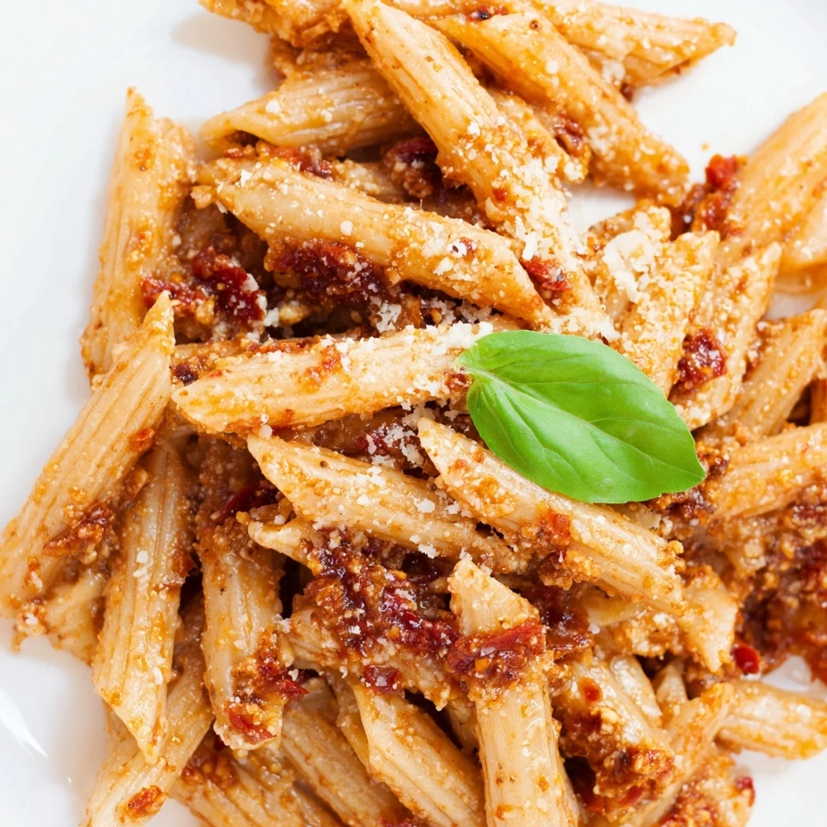 A close-up of sun-dried tomato pesto pasta in a white bowl, showcasing the vibrant red sauce and toasted pine nuts.
