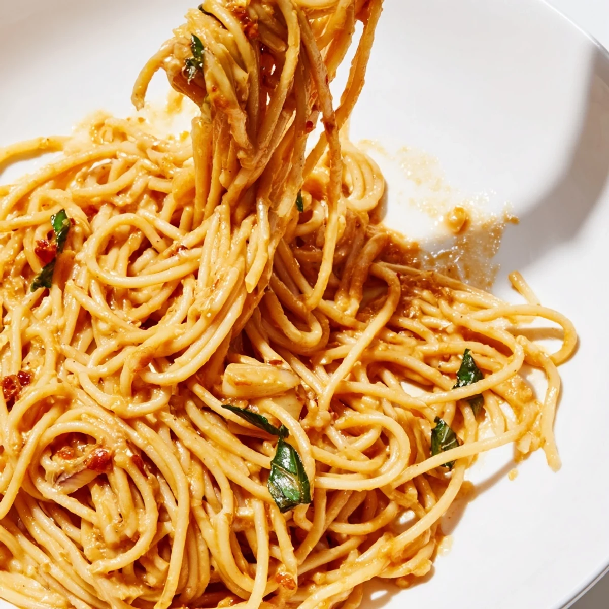 Fork twirling through silky strands of spaghetti coated in creamy roasted garlic pasta sauce, garnished with fresh basil and grated Parmesan.  