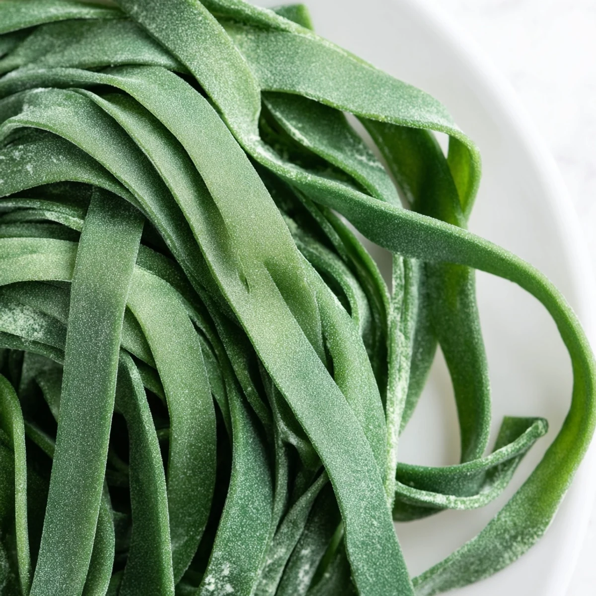 Raw spinach pasta dough shaped into ravioli on a floured surface, highlighting the bright green color and delicate homemade edges.