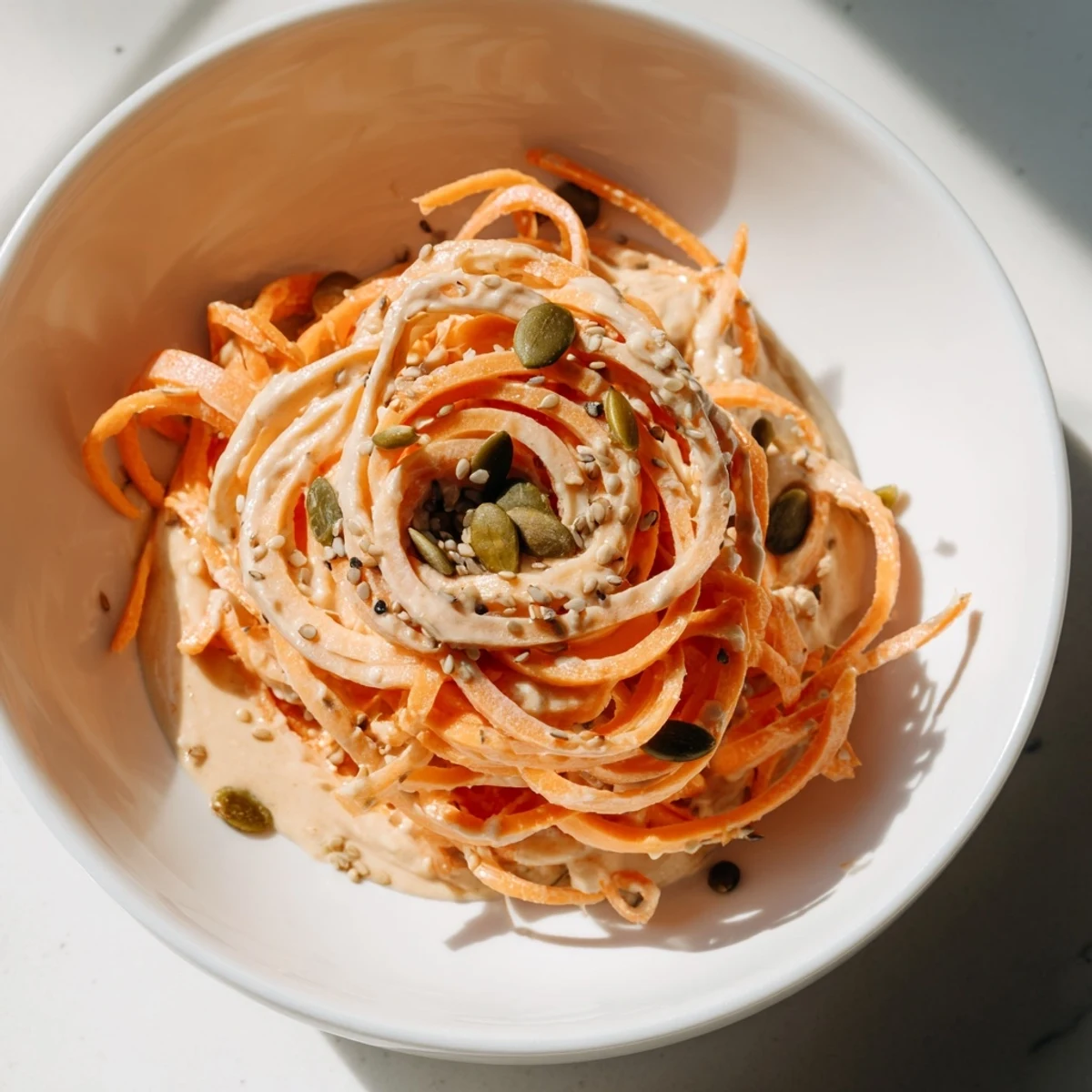 A vibrant Carrot Noodle Skincare Bowl with spiralized carrots, crisp veggies, and creamy avocado topped with sesame seeds.