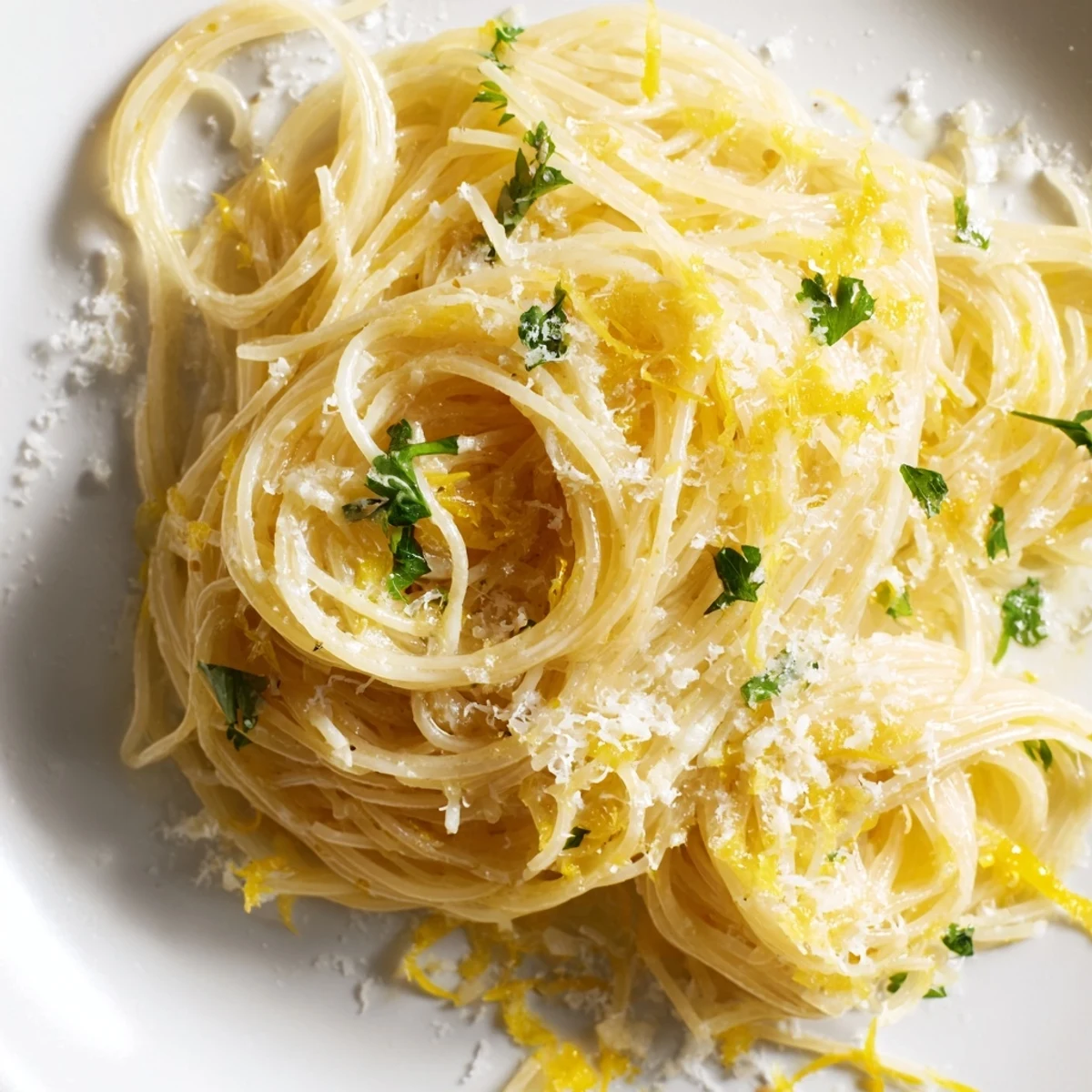 Bright capellini noodles glisten in a silky lemon-butter sauce, topped with fresh parsley and grated Parmesan for a light Italian-inspired main dish.
