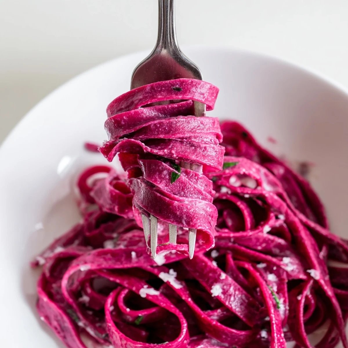 Freshly cut beet noodle pasta twists are displayed in a vibrant magenta hue on a marble surface, ready for cooking.  