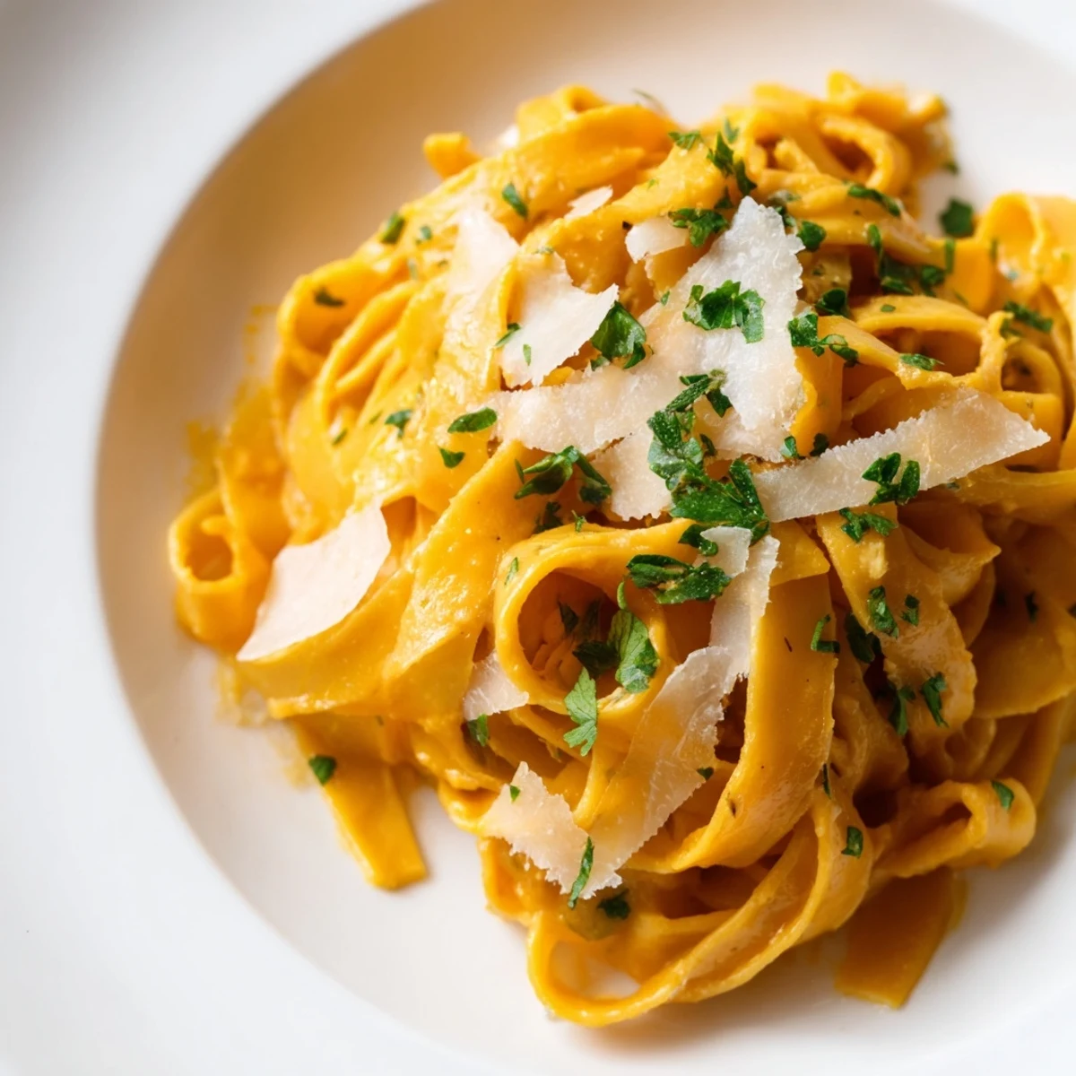 Golden roasted butternut squash pasta coated in a velvety, creamy sauce, garnished with fresh parsley.  