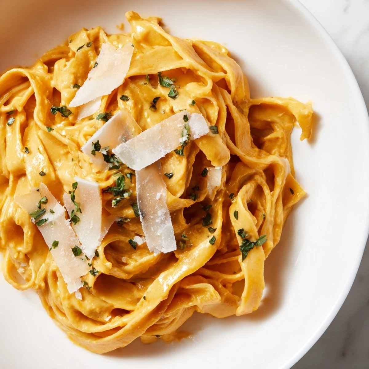 A close-up of butternut squash pasta twirled on a fork, showcasing the rich, orange sauce.  