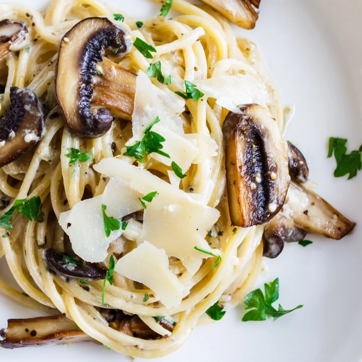 Close-up view of creamy mushroom linguine with sautéed mushrooms, garlic, and parsley, served warm for a comforting vegetarian dinner.