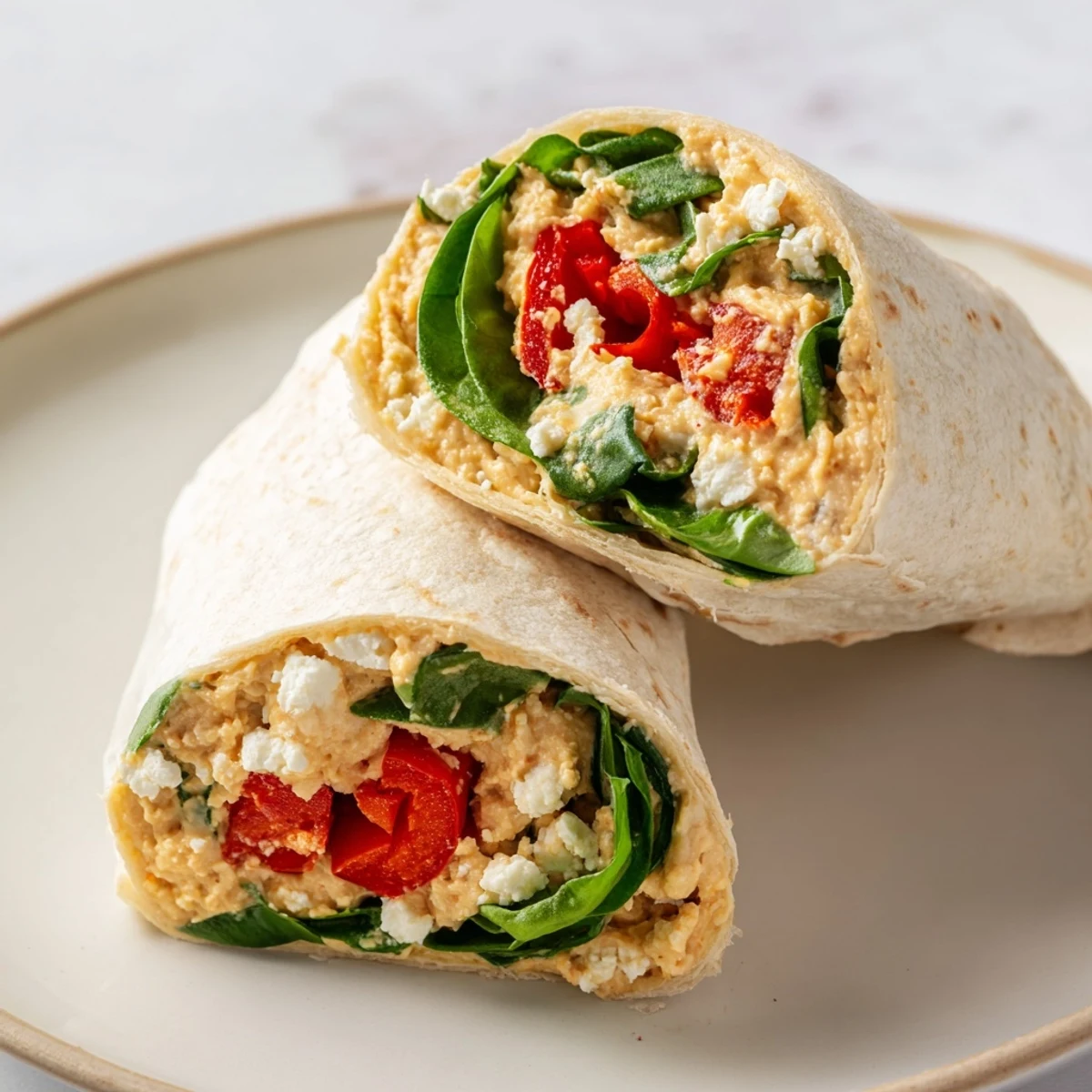 A diagonal slice of a fresh Mediterranean Veggie Wrap shows its colorful vegetarian filling, perfect for an easy, healthy, and quick lunch or dinner option.