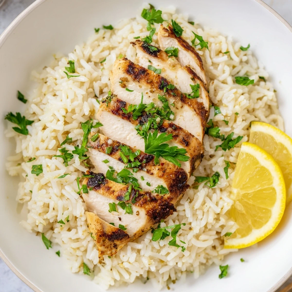 Fluffy rice and sliced grilled chicken breast garnished with fresh parsley, served with lemon wedges for a complete meal.