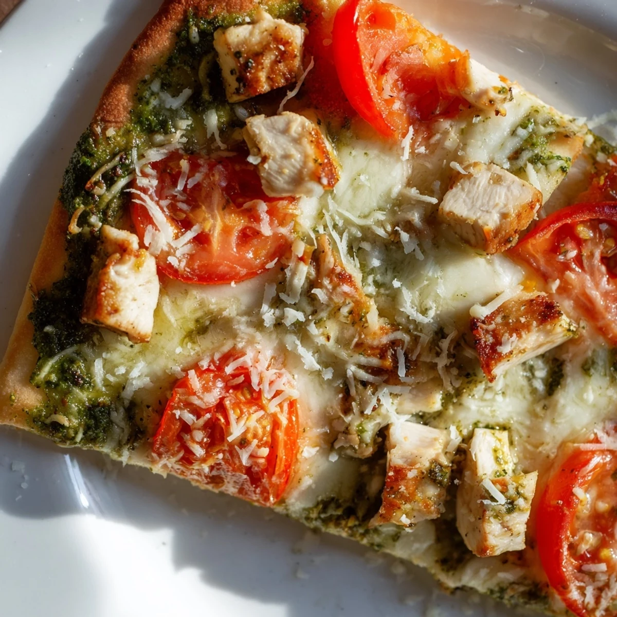 Golden-brown thin-crust Chicken Pesto Pizza topped with melted mozzarella, juicy tomato slices, and fresh basil garnish.