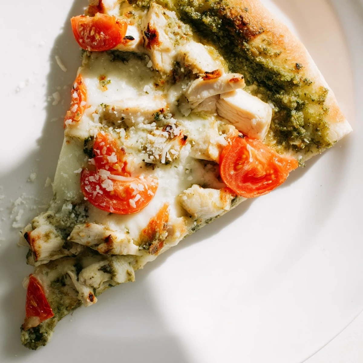 Savory Chicken Pesto Pizza with tender chicken, fragrant basil pesto, and bubbling cheese served on a wooden board.