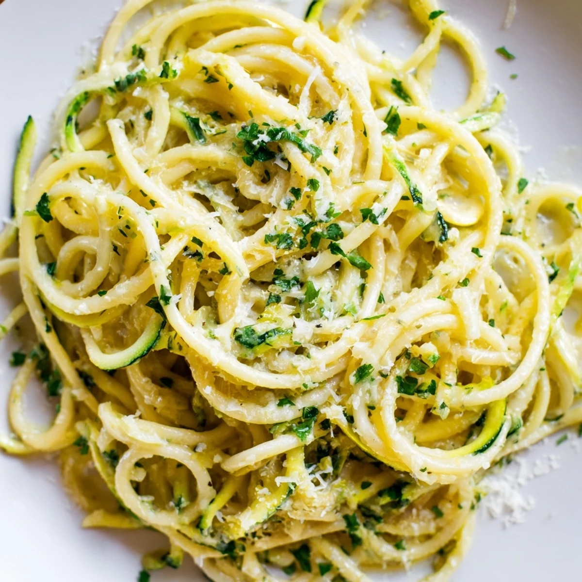 Freshly cooked Lemon Zucchini Pasta with spiralized zucchini and grated Parmesan on a white plate, garnished with parsley.  