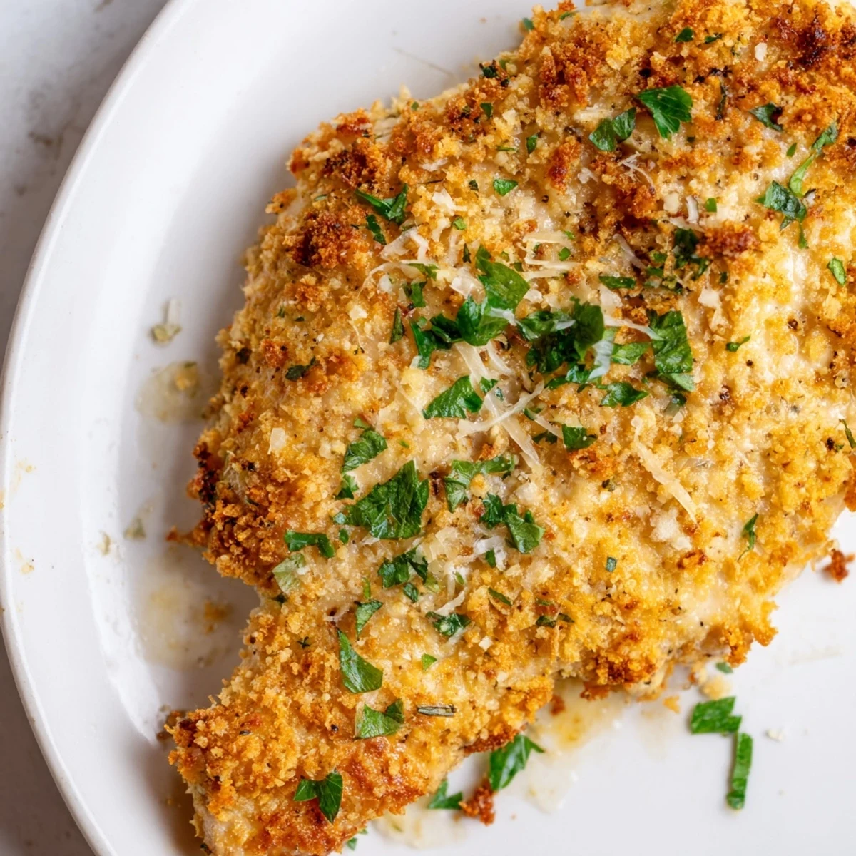 Golden-brown Roasted Garlic Parmesan Chicken breasts resting on a baking sheet, garnished with fresh parsley and a side of roasted vegetables.