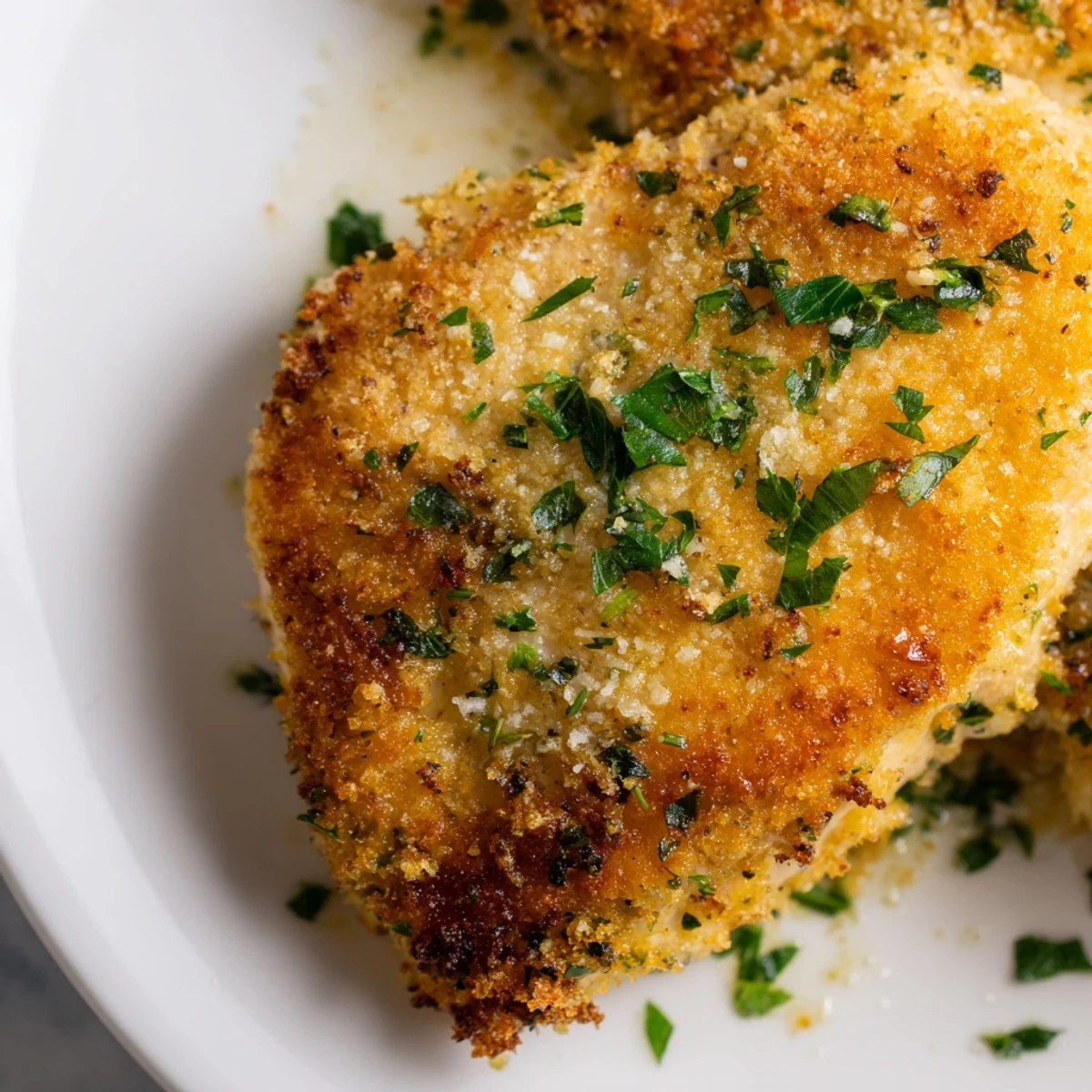 A close-up of Roasted Garlic Parmesan Chicken revealing its crispy, savory Parmesan and herb crust, ready to be served for dinner.