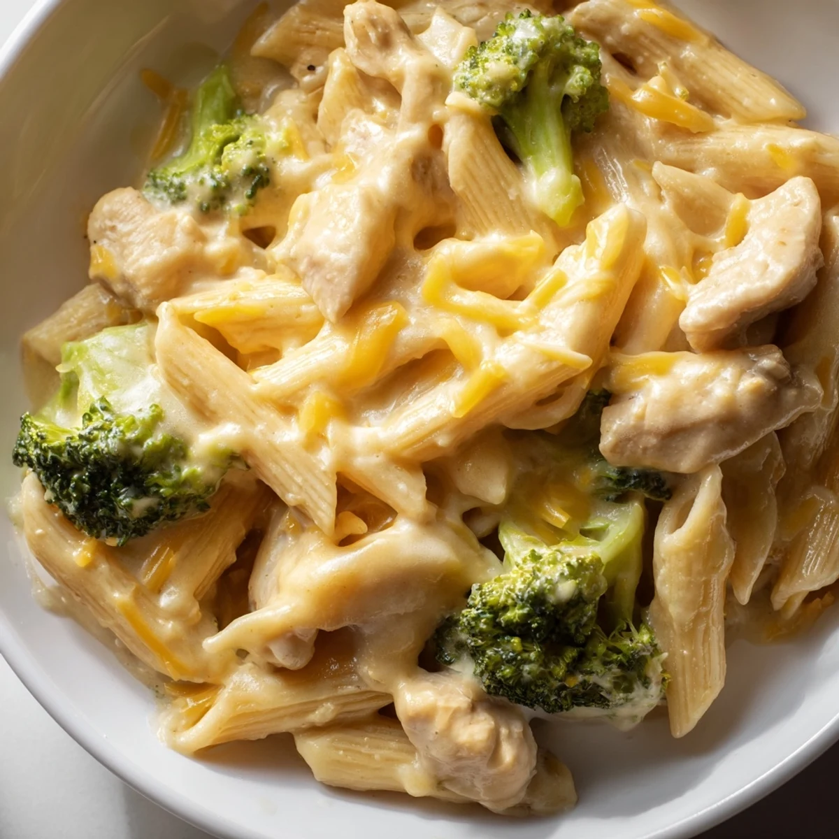 Creamy Chicken Broccoli Cheddar Pasta in a skillet with golden chicken, vibrant green broccoli florets, and a rich cheese sauce coating penne pasta.