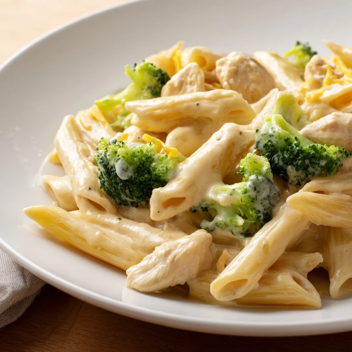 Family-style bowl of Chicken Broccoli Cheddar Pasta tossed with rotini, showcasing melted cheese, fresh broccoli, and juicy chicken for a comforting meal.