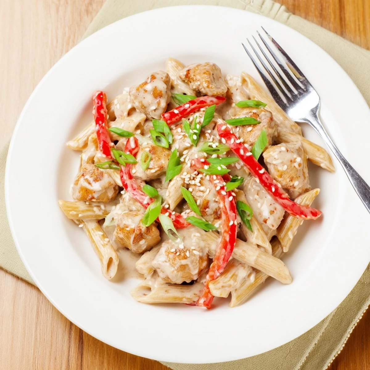 A close-up of creamy Sweet Chili Chicken Pasta with tender chicken, red bell pepper, and fresh garnishes.