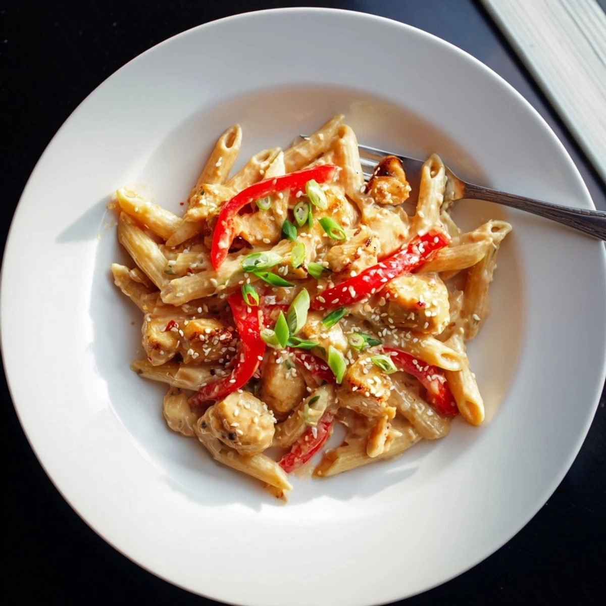 Steaming Sweet Chili Chicken Pasta in a skillet, with golden chicken pieces tossed in a glossy, sweet-and-spicy sauce.