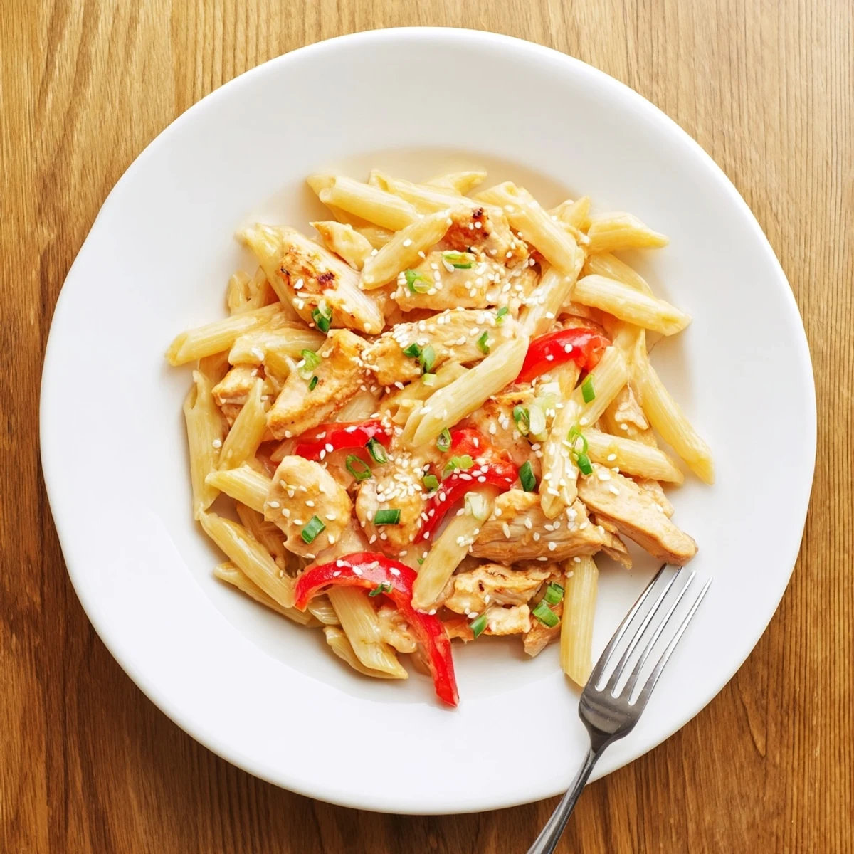 Serving suggestion for Sweet Chili Chicken Pasta, plated with fresh spring onions and sesame seeds, perfect for weeknight dinners.